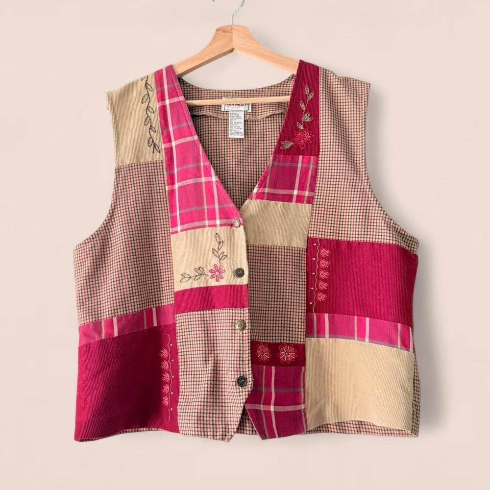 Nara Valley Women's XL Patchwork Plaid Corduroy Embroidered Vest